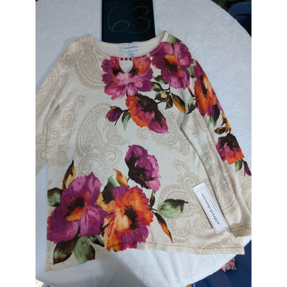 Alfred Dunner Sweater Womens Medium Multi New Floral Paisley Keyhole Bead